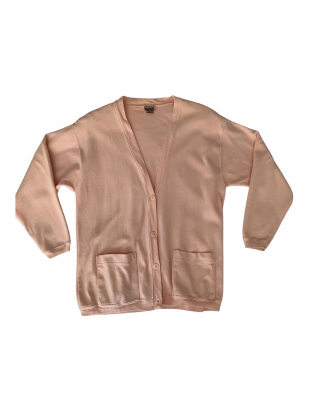 Vintage Cotton Cardigan Women L Peach Pink 80s Long Sleeves Drop Shoulder
